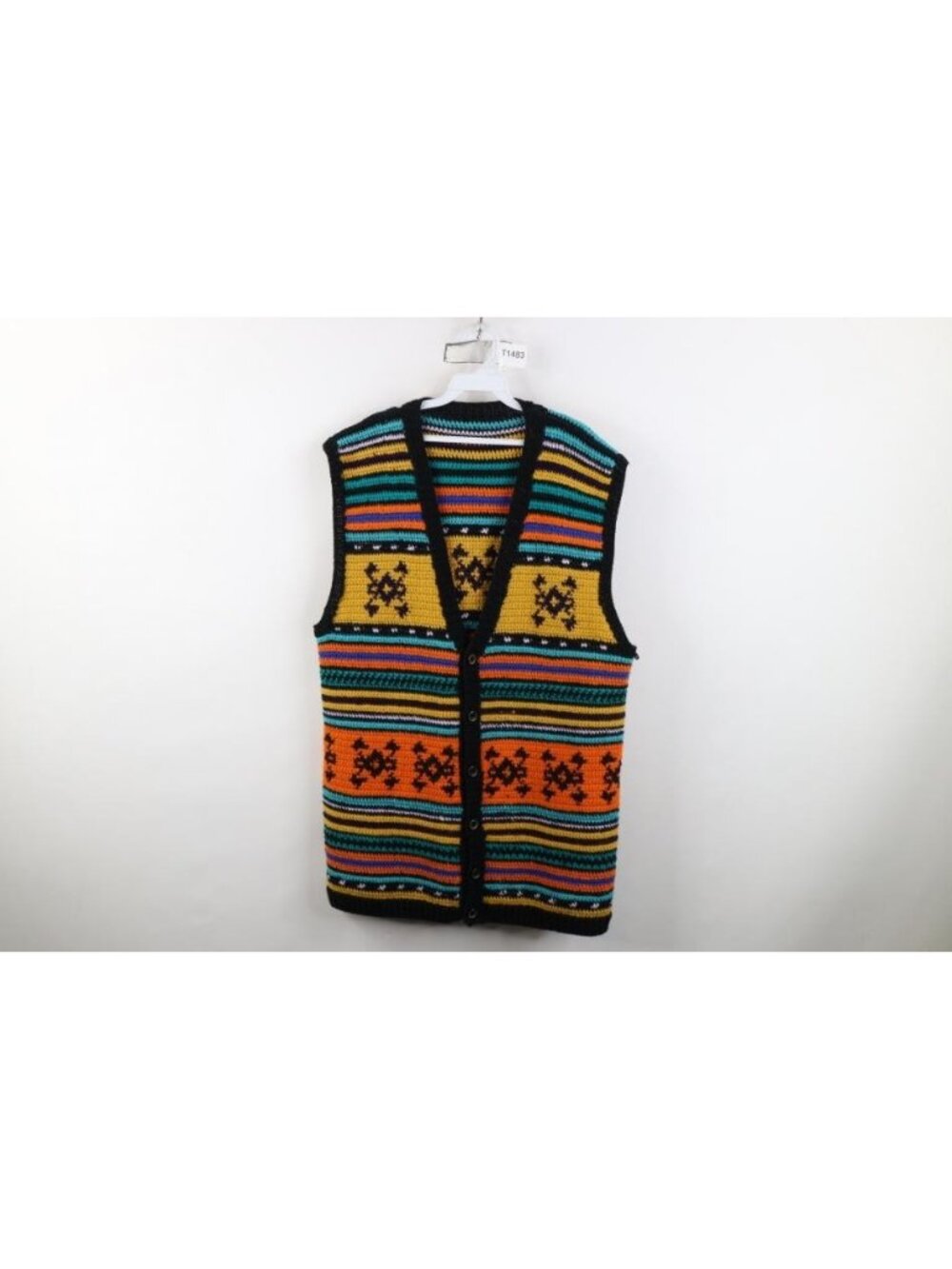 Vintage 70s Crochet Cardigan Sweater Vest Mens Size LT Striped Fair Isle Knit
